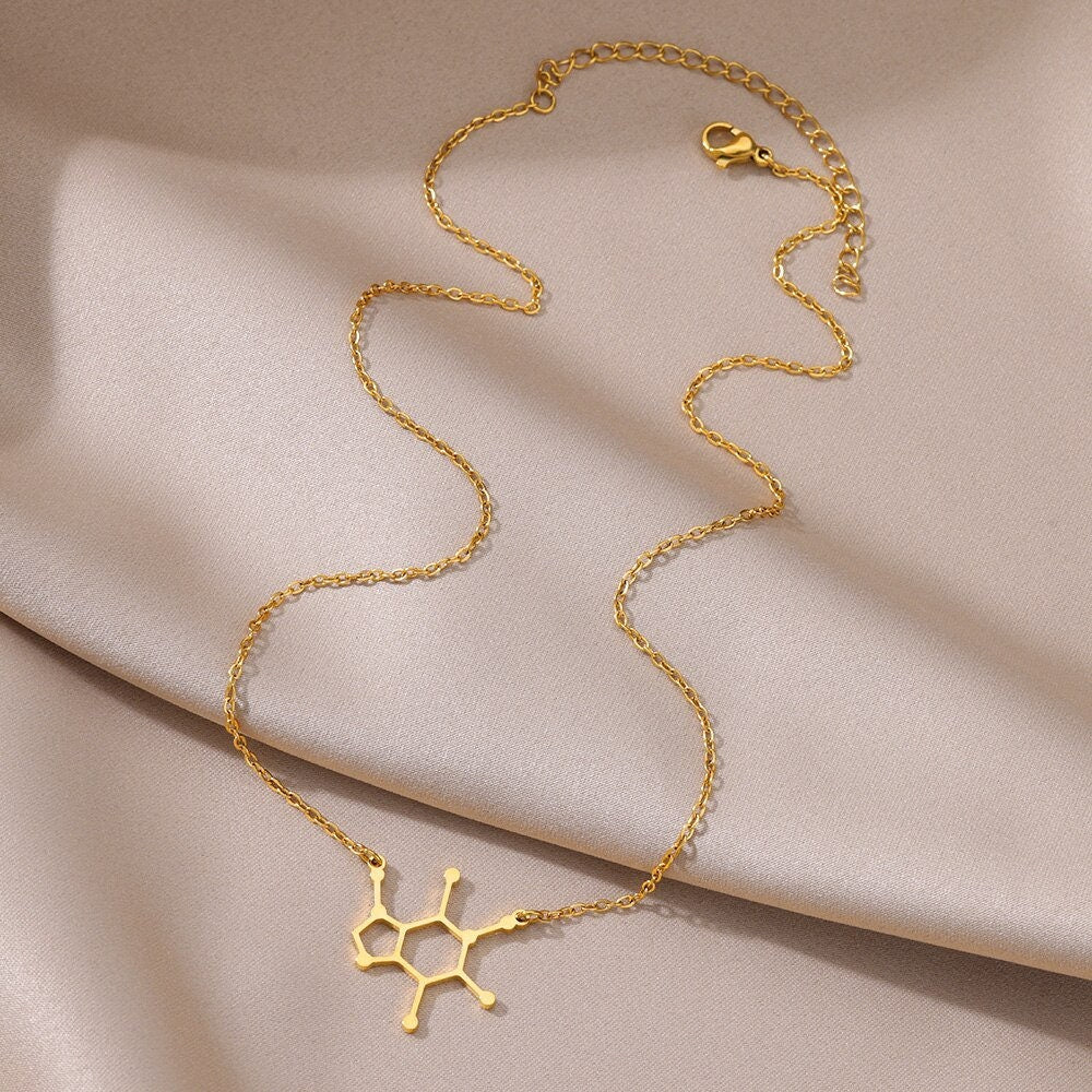 Punk Caffeine Molecule Pendant, Gold Caffeine Necklace, 18K Gold, Scientist Boho Dainty Minimalist for Women, Gift for Her