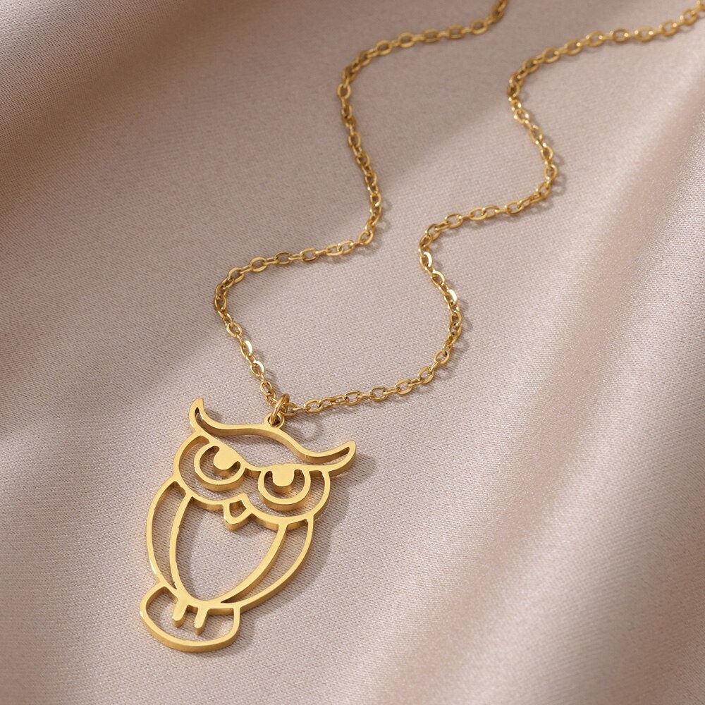 Boho Cute Owl Pendant, Gold Wise Owl Necklace, 18K Gold, Dainty Minimalist Animal Lovers for Women, Gift for Her