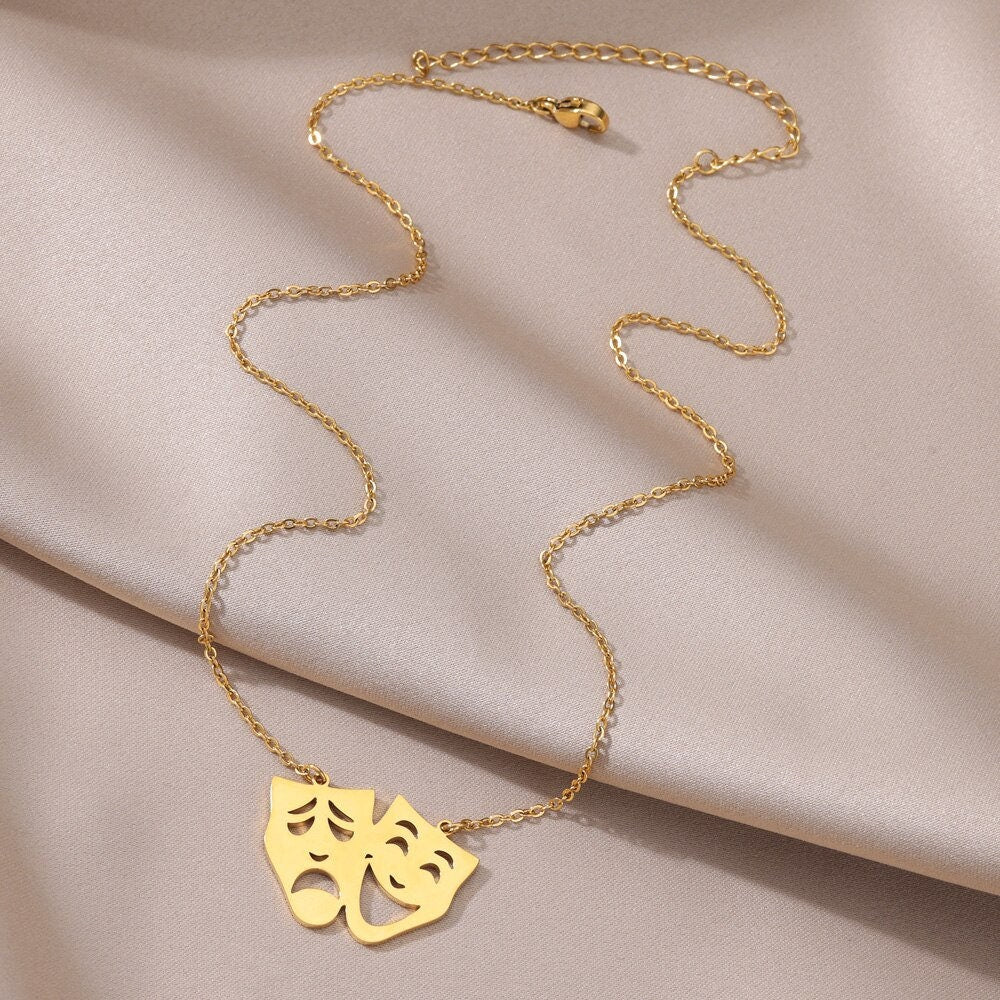 Comedy Tragedy Masks Pendant, Gold Greek Theater Necklace, 18K Gold, Dainty Minimalist Punk Artsy Performer for Women, Gift for Her
