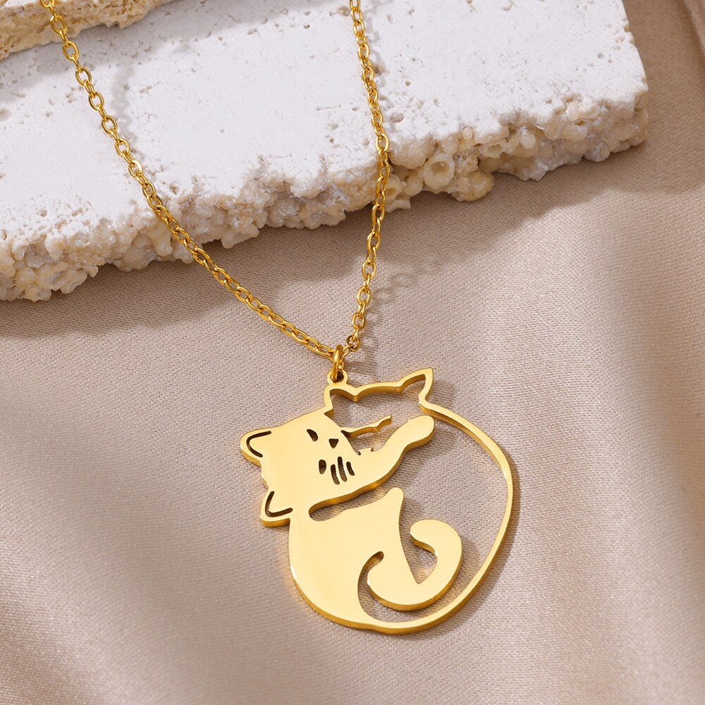 Punk Cute Love Cat Pendant, Gold Boho Double Cat Necklace, 18K Gold, Dainty Minimalist Animal Lovers for Women, Gift for Her