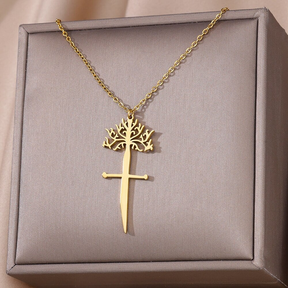 Boho Tree Sword Pendant, Gold Nature Sword Necklace, 18K Gold Sword Pendant, Dainty Minimalist Tree Nature Broken Sword, Gift for Her