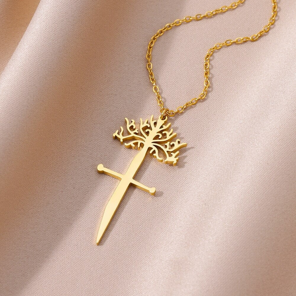 Boho Tree Sword Pendant, Gold Nature Sword Necklace, 18K Gold Sword Pendant, Dainty Minimalist Tree Nature Broken Sword, Gift for Her