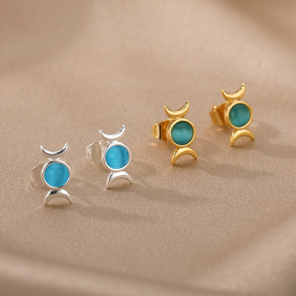 Punk Moon Goddess Earrings, Gold Opal Moon Earrings, 18K Gold Opal Studs, Punk Dainty Gothic Moon Minimalist Studs for Women, Gift for Her
