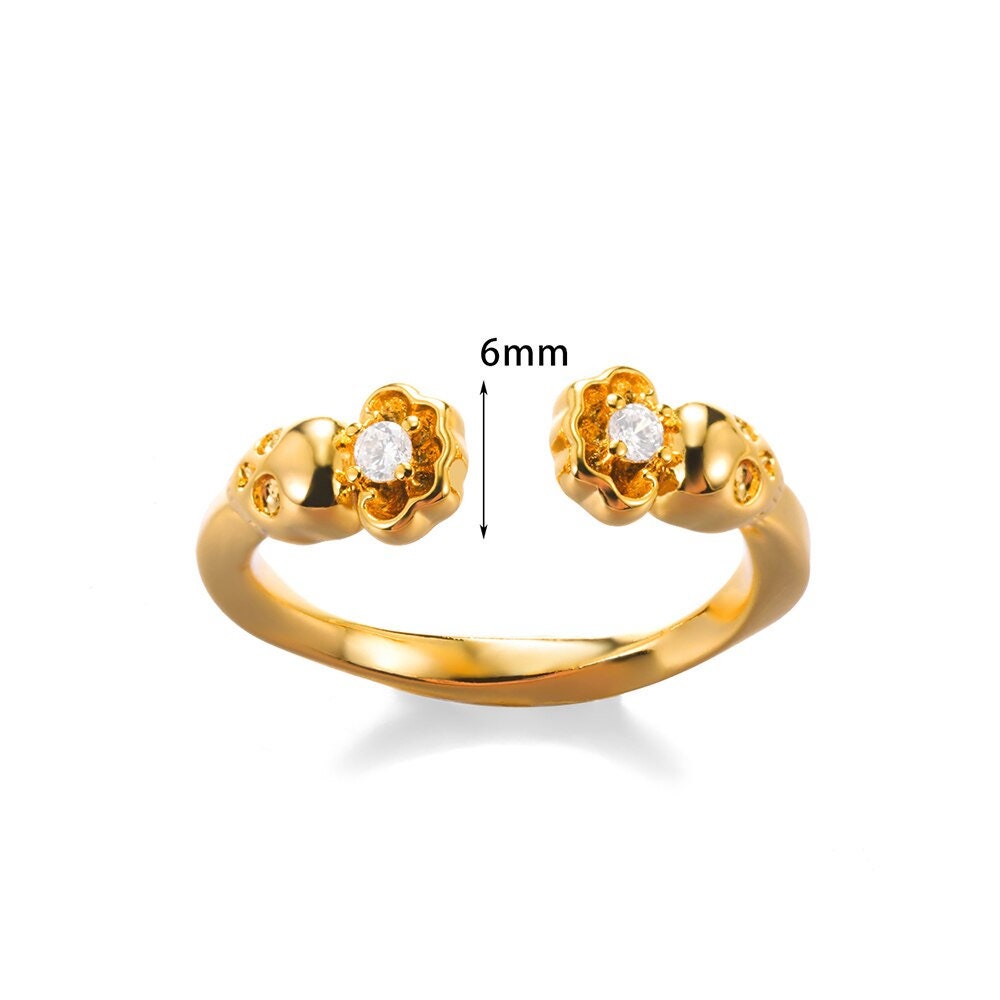 Punk Gold Skull Rose Ring, Gothic 18K Gold Skull Rose Ring, Boho Dainty Minimalist Adjustable Cubic Zirconia Ring for Women, Gift for Her