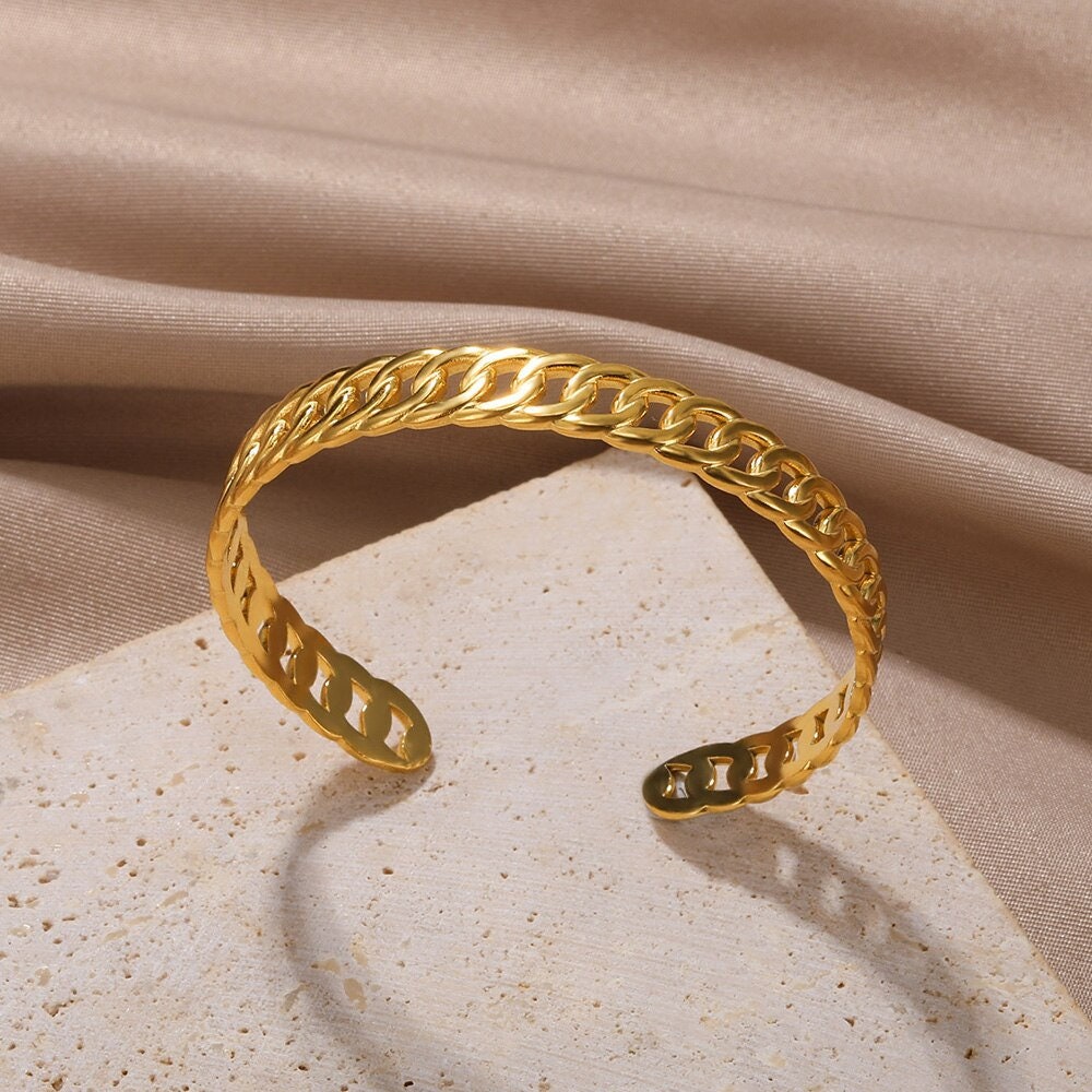 Punk Cuban Link Bracelet, 18K Gold Cuban Chain Bangle, Boho Dainty Minimalist Miami Style Bangle for Women, Gift for Her