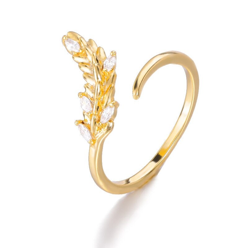 Boho Gold Wheat Ring, 18K Gold Cubic Zirconia Wheat Leaves Ring, Dainty Minimalist Punk Ring for Women, Gift for Her
