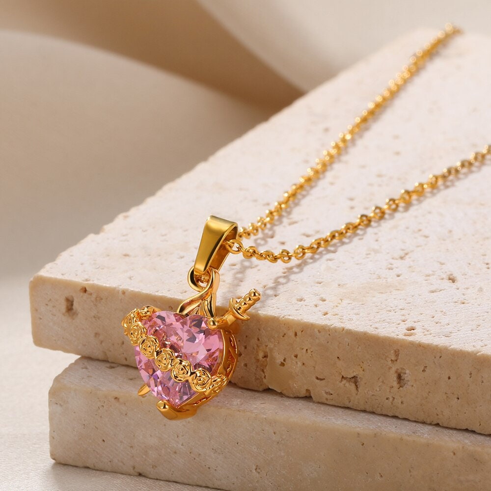 Boho 18K Gold Heart Sword Pendant, Crystal Cubic Zirconia Heart Charm Necklace, Punk Dainty Minimalist Heart Sword for Women, Gift for Her