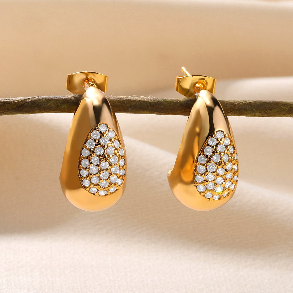Boho Gold Thick Hoop Earrings, 18K Gold Cubic Zirconia Hoop Earrings, Crystal Gold Thick Hoop Earrings, Punk Dainty Minimalist for Women