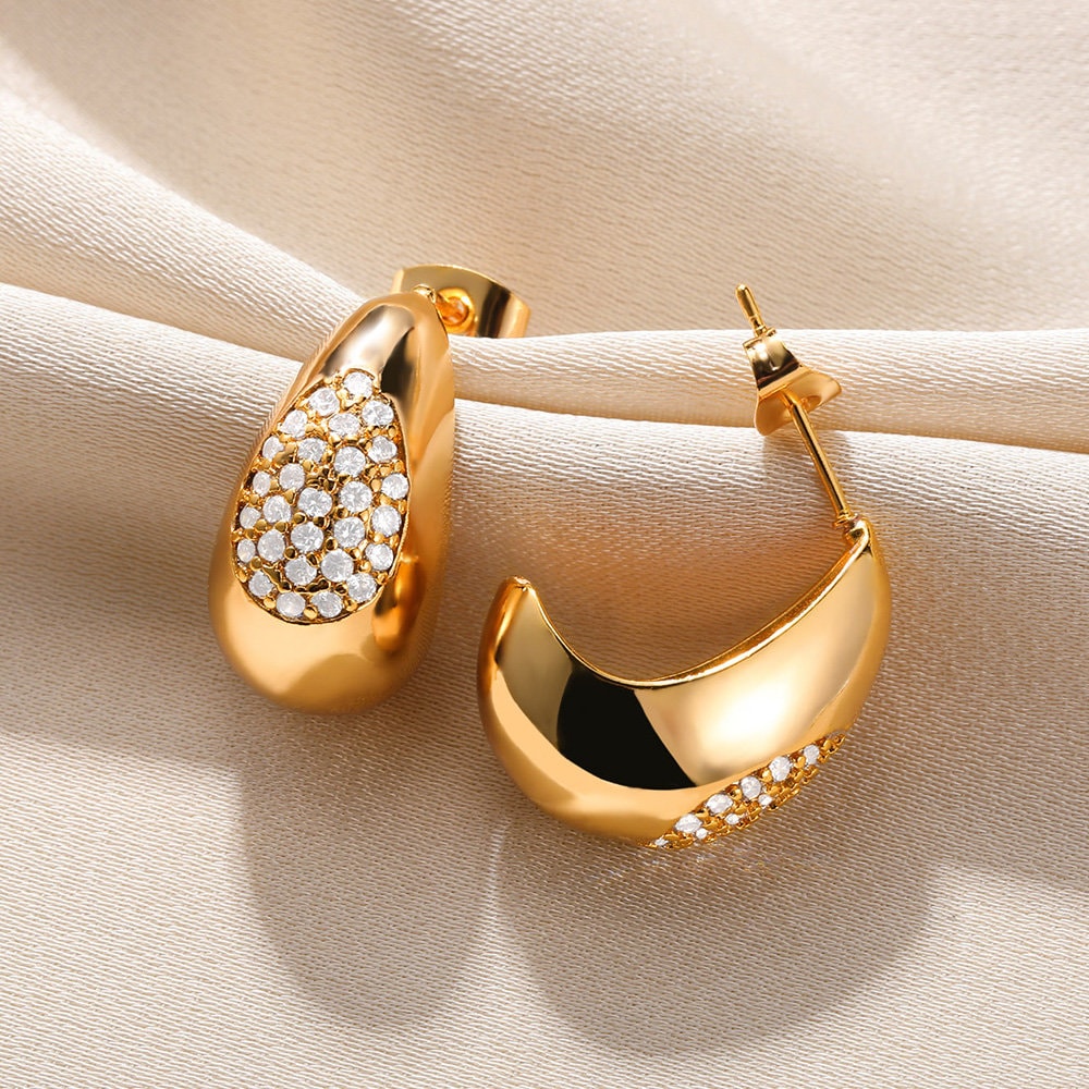 Boho Gold Thick Hoop Earrings, 18K Gold Cubic Zirconia Hoop Earrings, Crystal Gold Thick Hoop Earrings, Punk Dainty Minimalist for Women