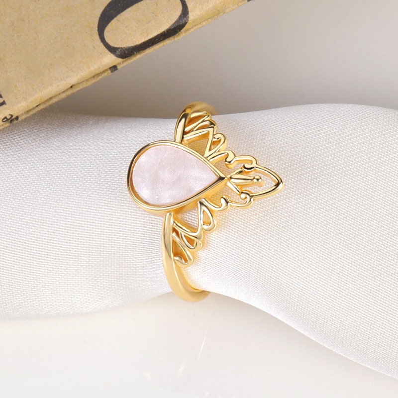 Boho Henna Pearl Teardrop Ring, 18K Gold Pearl Teardrop Ring, Pearl Waterdrop Ring, Henna Dainty Minimalist Ring for Women, Gift for Her