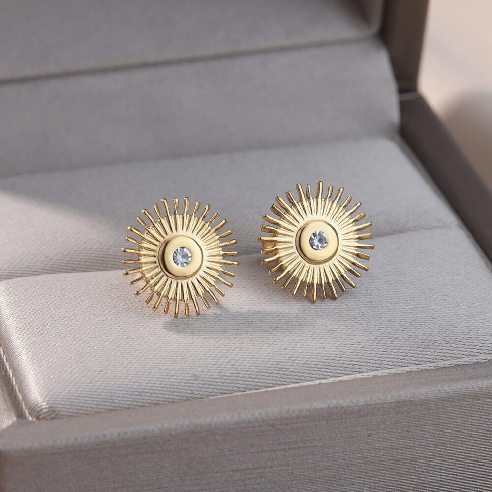 Boho Sun Stud Earrings, Gold Sun Stud Earrings, 18K Gold, Punk Dainty Cubic Zirconia Jewelry Earrings for Women, Gift for Her
