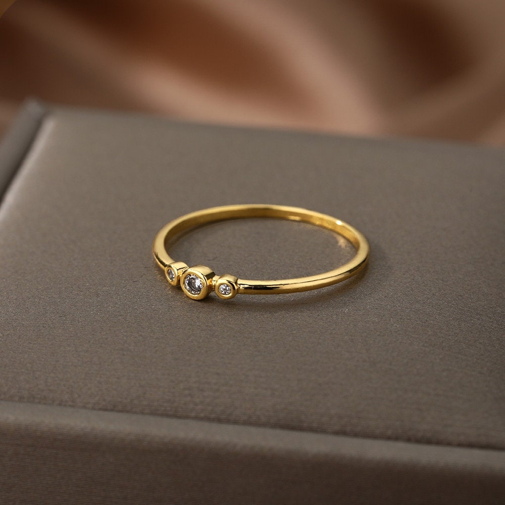 Dainty Cubic Zirconia Ring, Gold Engagement Style Band, 18K Gold, Boho Minimalist Wedding Ring for Women, Gift for Her