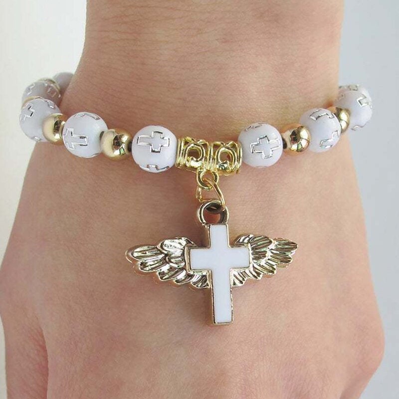 Religious Cross Wings Bracelet, Gold White Christian Bracelet, First Communion Bracelet for Girls, Baptism Bracelet for Women, Gift for Her