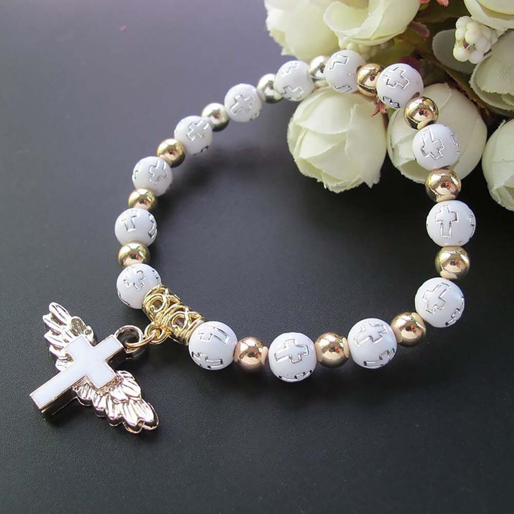 Religious Cross Wings Bracelet, Gold White Christian Bracelet, First Communion Bracelet for Girls, Baptism Bracelet for Women, Gift for Her