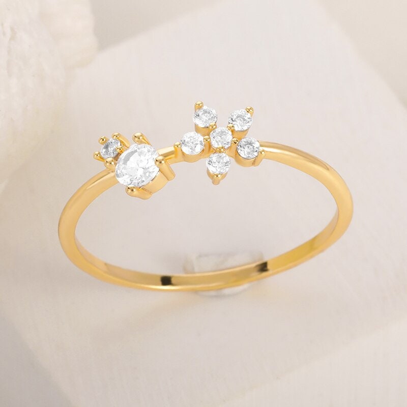 Boho Dainty Engagement Ring, Gold Cubic Zirconia Ring, 18K Gold Band, Delicate Minimalist Fine Jewelry for Women, Gift for Her