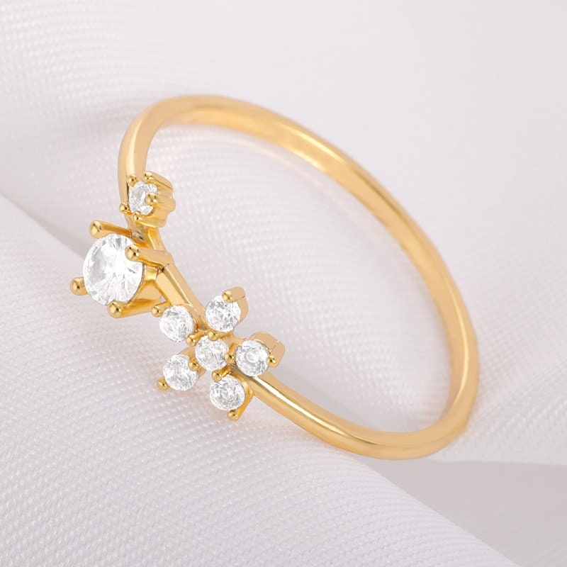 Boho Dainty Engagement Ring, Gold Cubic Zirconia Ring, 18K Gold Band, Delicate Minimalist Fine Jewelry for Women, Gift for Her