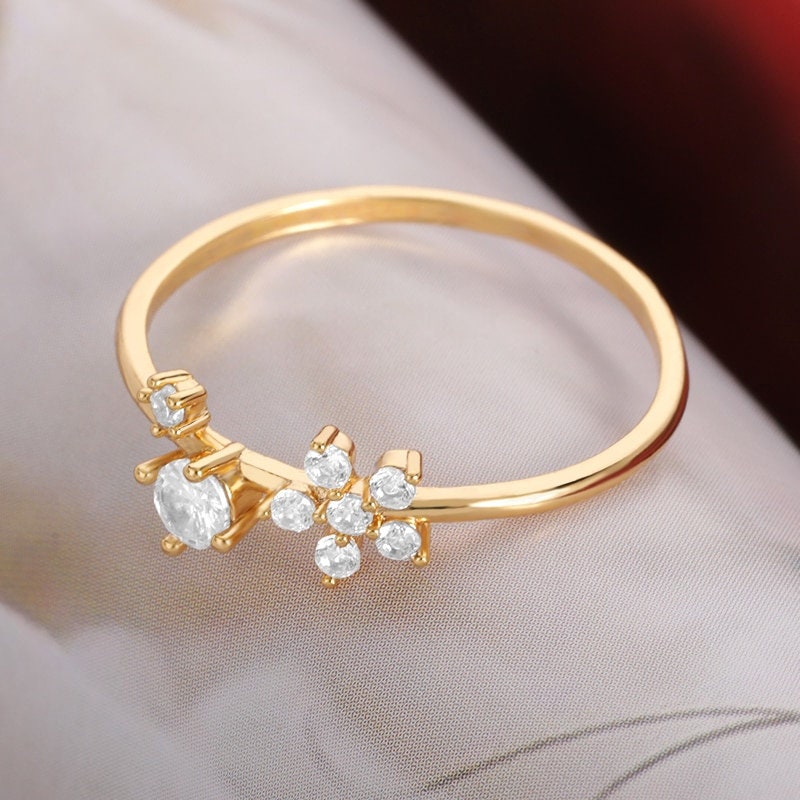 Boho Dainty Engagement Ring, Gold Cubic Zirconia Ring, 18K Gold Band, Delicate Minimalist Fine Jewelry for Women, Gift for Her
