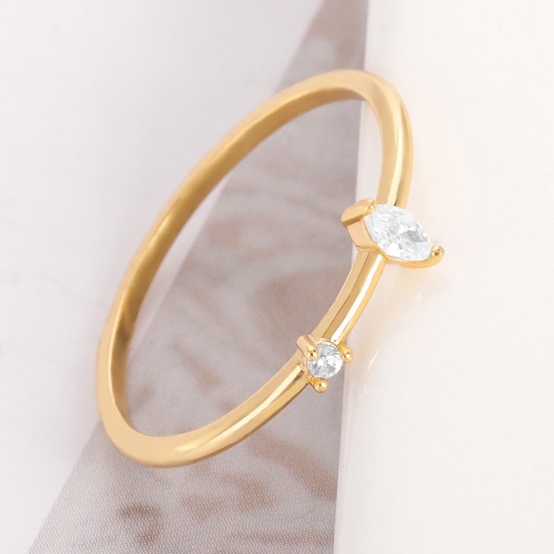 Gold Dainty Crystal Engagement Ring, Boho Gold Cubic Zirconia Ring, 18K Gold Band, Delicate Minimalist Fine Jewelry for Women, Gift for Her