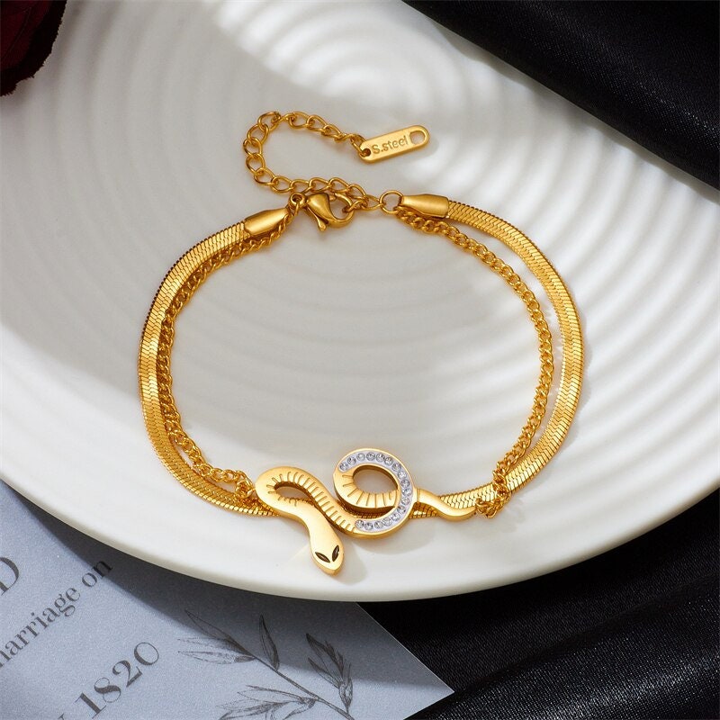 Punk Crystal Snake Bracelet, Gothic 18K Gold Snake Bracelet, Dainty Boho Double Layer Cubic Zirconia, Minimalist for Women, Gift for Her