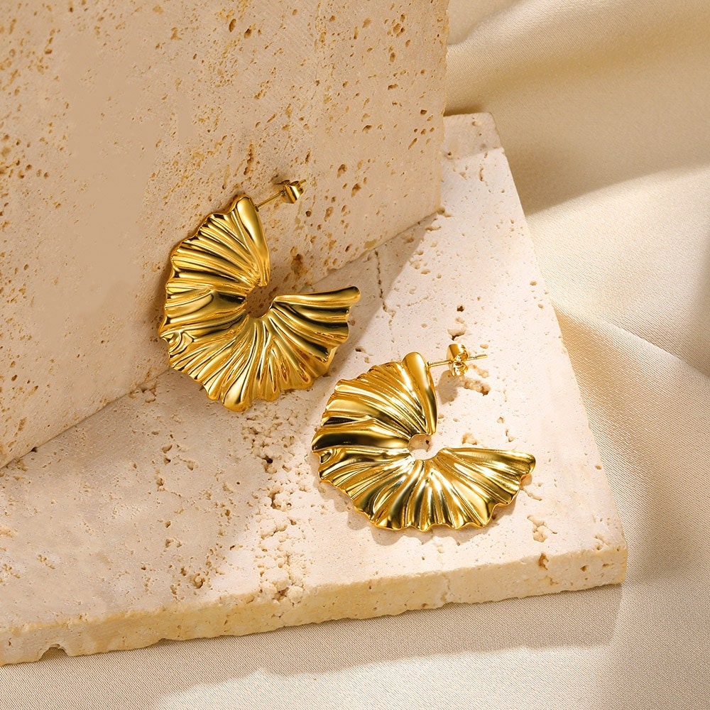 Boho Organic Geometric Stud Earrings, Gold Irregular Semicircle Drop Earrings, 18K Gold, Punk Minimalist Earrings for Women, Gift for Her