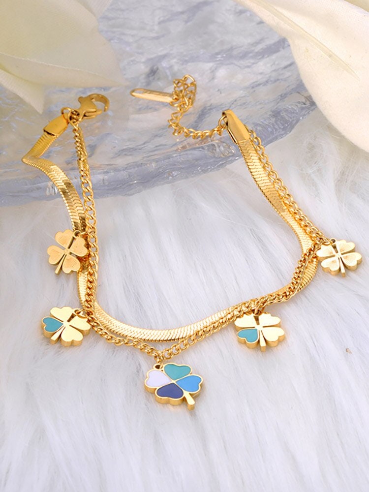 Boho Gold Clover Charm Bracelet, 18K Gold Dainty Clover Bracelet, Punk Minimalist Lucky Clover Charm for Women, Gift for Her
