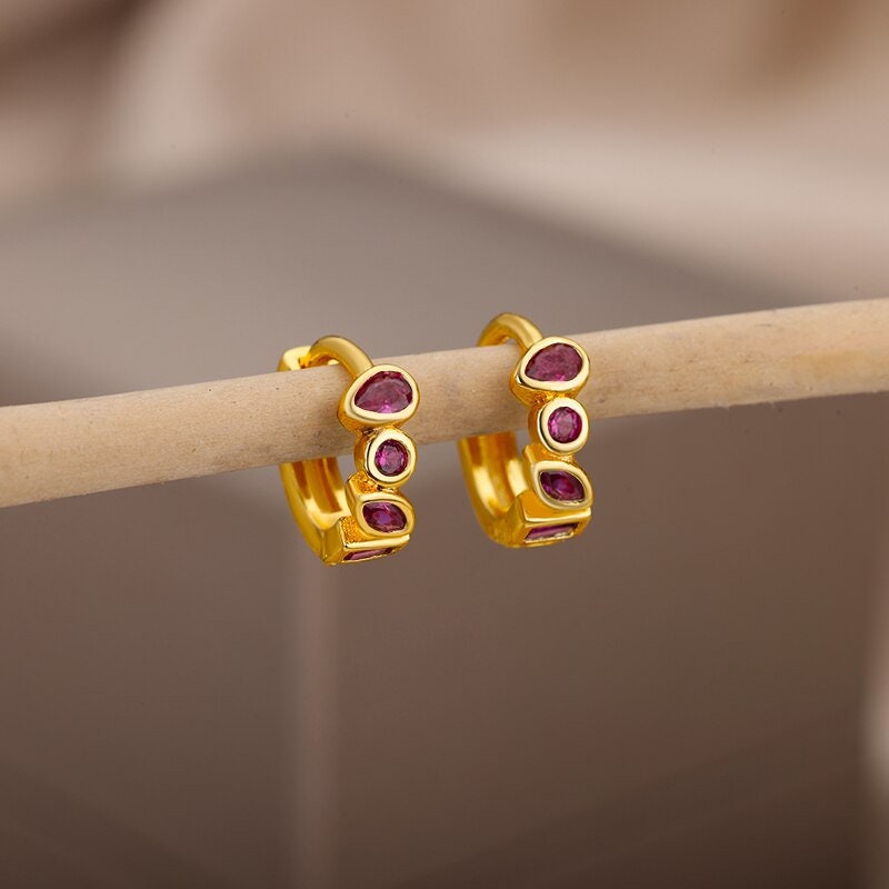 Punk Crystal Hoop Earrings, 18K Gold Crystal Hoops, Boho Dainty Minimalist, Crystal Cubic Zirconia Hoop Earrings for Women, Gift for Her