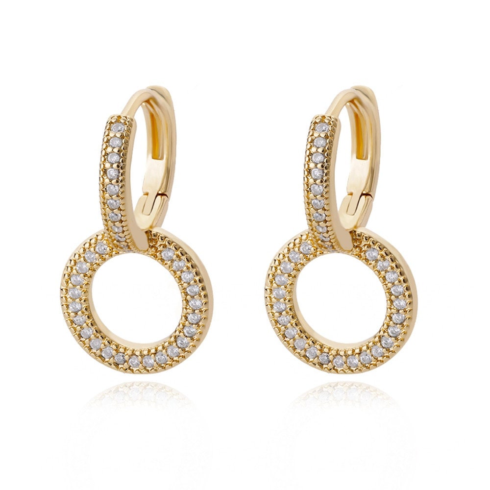 Punk Crystal Gold Round Drop Earrings, 18K Gold Boho Round Drop Earrings, Dainty Cubic Zirconia Crystal Earrings for Women, Gift for Her