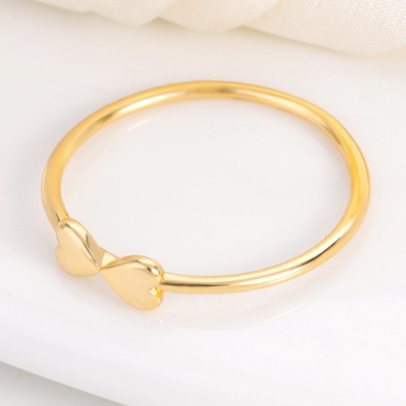 Dainty Double Heart Bow Ring, Gold Heart Bow Tie Ring, 18K Gold Hearts Ring, Boho Minimalist Punk Korean Jewelry for Women, Gift for Her
