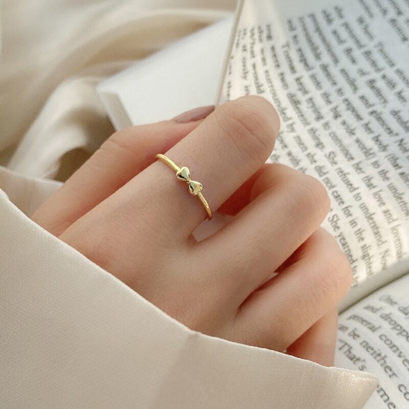 Dainty Double Heart Bow Ring, Gold Heart Bow Tie Ring, 18K Gold Hearts Ring, Boho Minimalist Punk Korean Jewelry for Women, Gift for Her