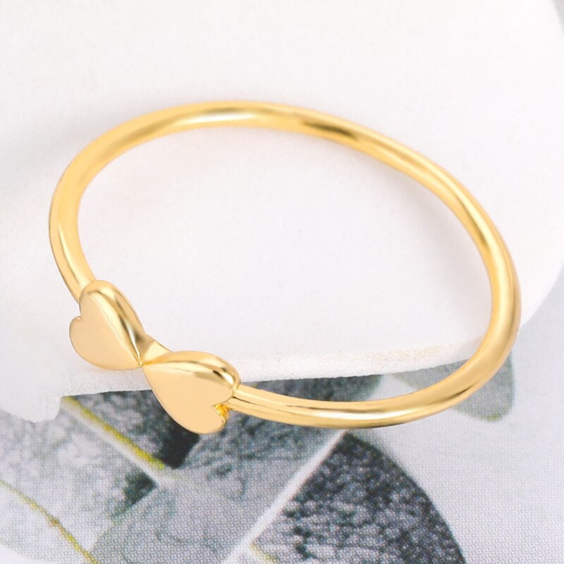 Dainty Double Heart Bow Ring, Gold Heart Bow Tie Ring, 18K Gold Hearts Ring, Boho Minimalist Punk Korean Jewelry for Women, Gift for Her
