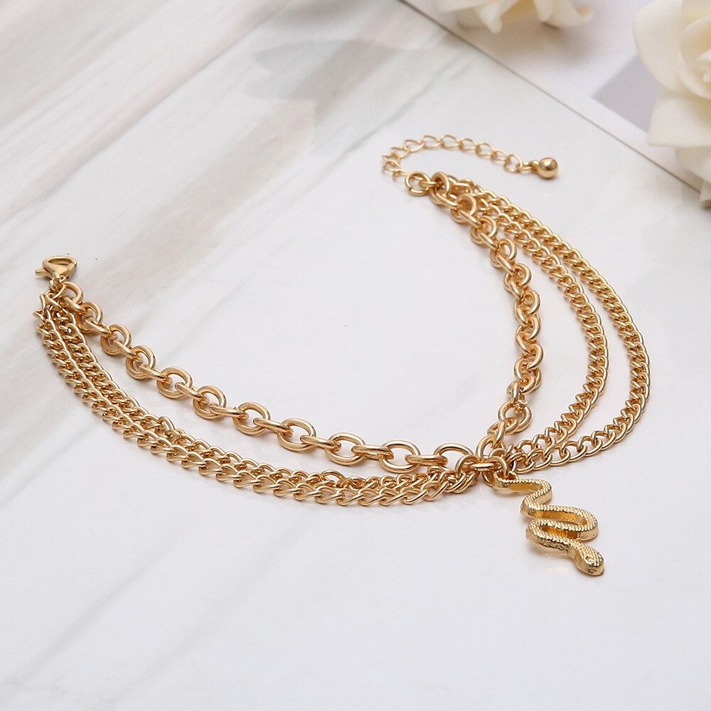 Boho Multi Layer Snake Anklet, Punk Gold Snake Anklet, 18K Gold Snake Multi Chain Anklet, Gothic Dainty Minimalist for Women, Gift for Her