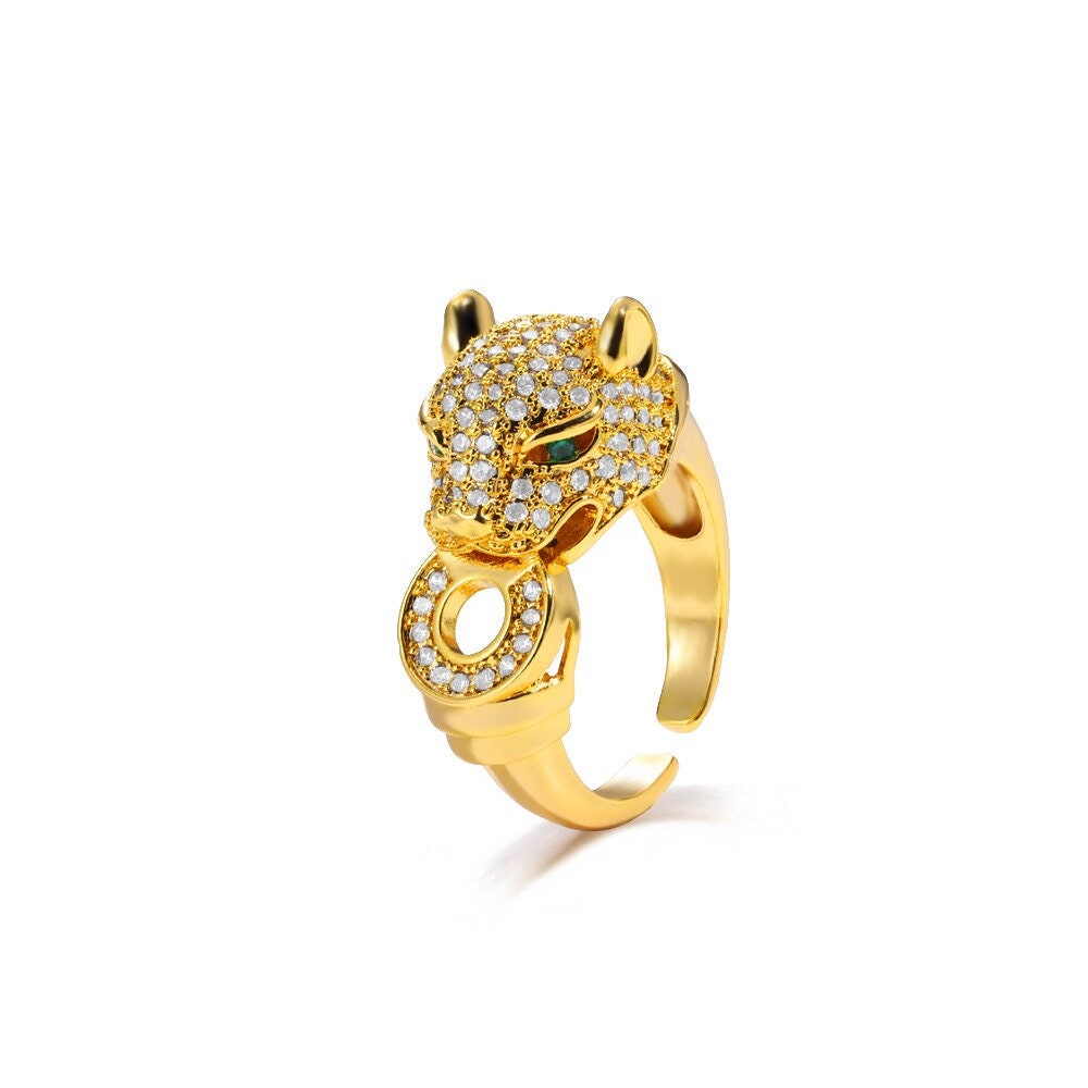 Punk Leopard Head Ring, Gold Leopard Ring, 18K Gold Cubic Zirconia, Gothic Jaguar Boho Dainty Luxury Party for Women, Gift for Her