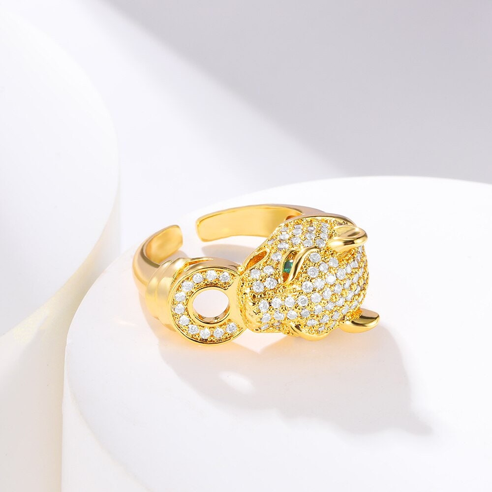 Punk Leopard Head Ring, Gold Leopard Ring, 18K Gold Cubic Zirconia, Gothic Jaguar Boho Dainty Luxury Party for Women, Gift for Her