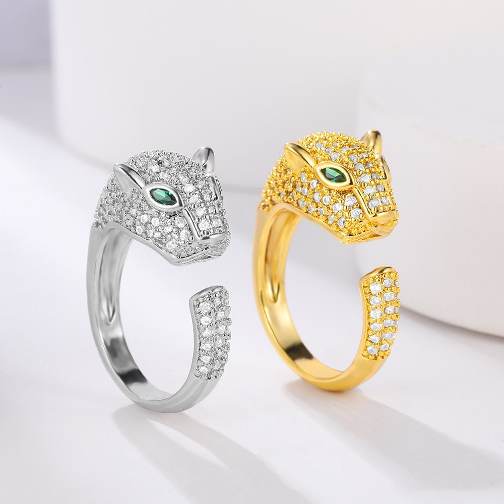 Punk Jaguar Head Ring, Gold Jaguar Ring, 18K Gold Cubic Zirconia, Gothic Leopard Boho Dainty Luxury Party for Women, Gift for Her