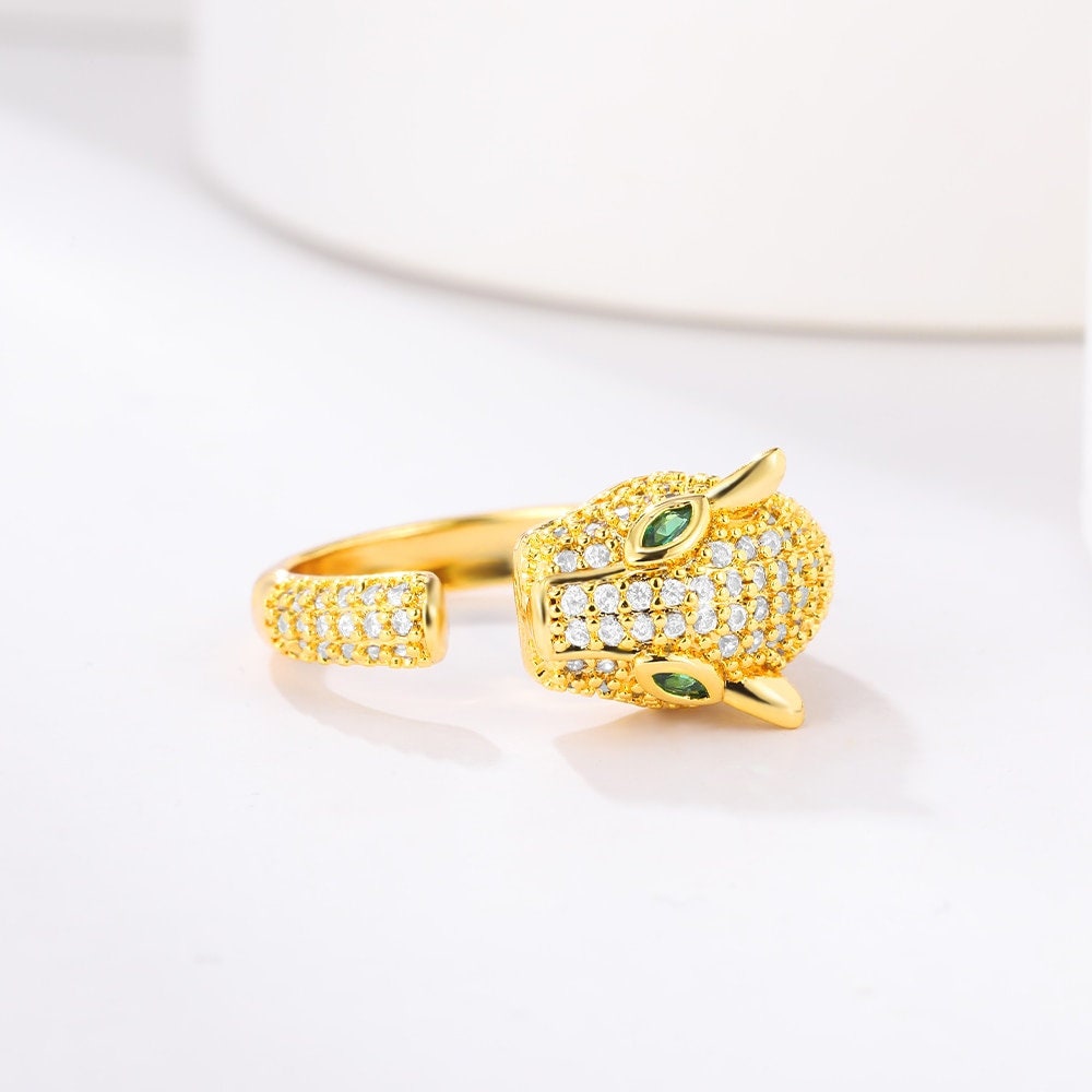 Punk Jaguar Head Ring, Gold Jaguar Ring, 18K Gold Cubic Zirconia, Gothic Leopard Boho Dainty Luxury Party for Women, Gift for Her