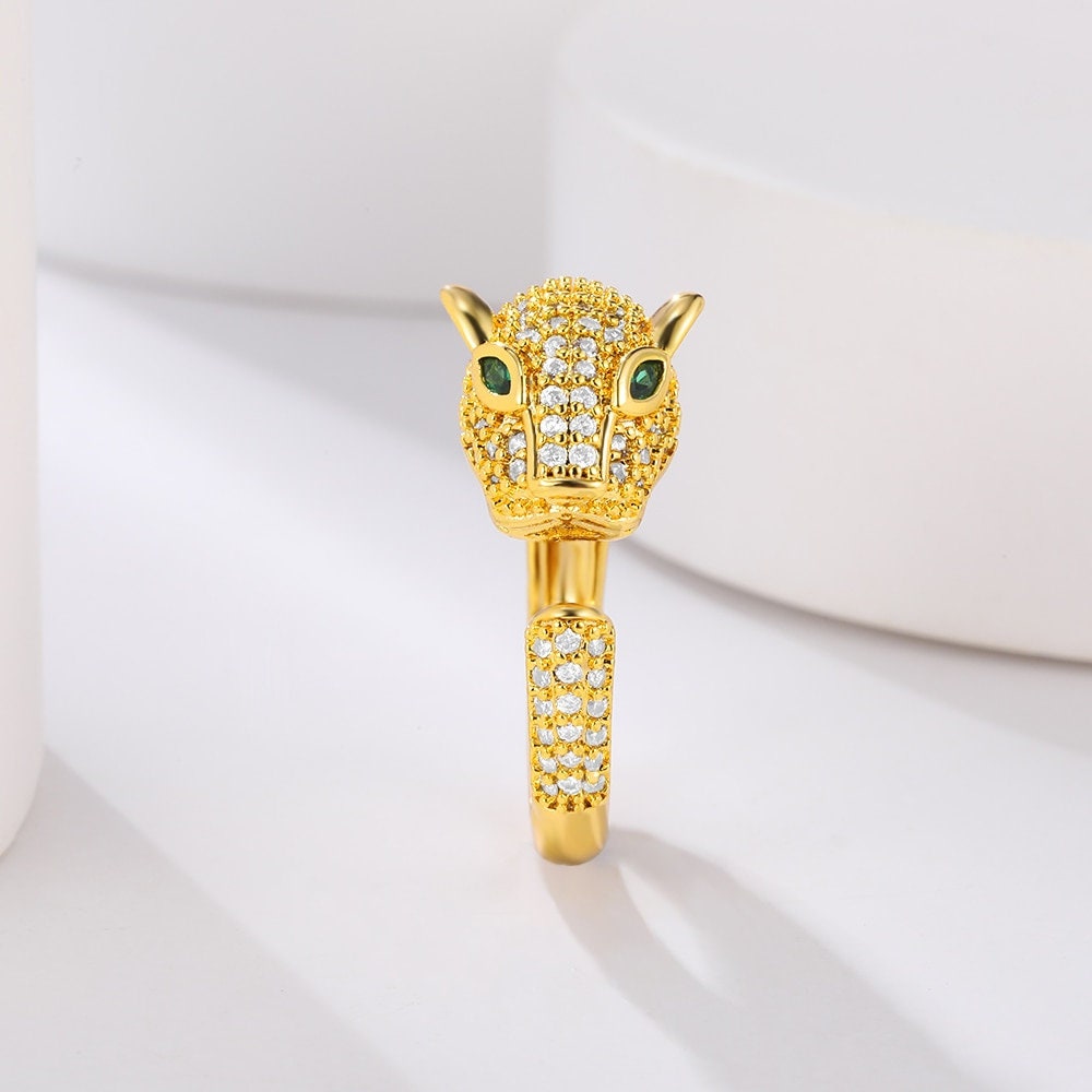 Punk Jaguar Head Ring, Gold Jaguar Ring, 18K Gold Cubic Zirconia, Gothic Leopard Boho Dainty Luxury Party for Women, Gift for Her