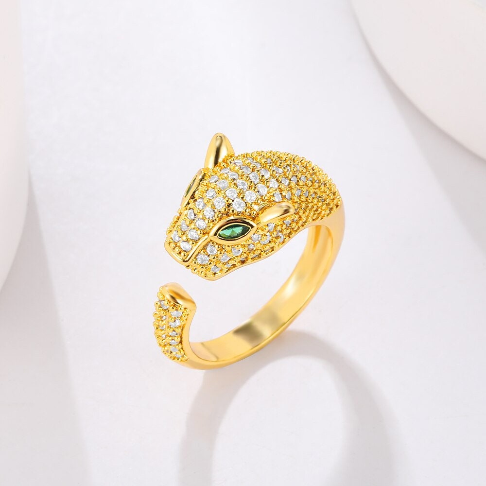 Punk Jaguar Head Ring, Gold Jaguar Ring, 18K Gold Cubic Zirconia, Goth