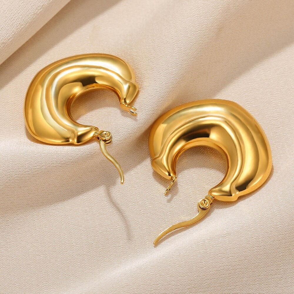 Punk Gold Hoop Earrings, Organic Thick Hoop Earrings, 18K Gold Large Hoops, Boho Dainty Minimalist Geometric Hoops for Women, Gift for Her