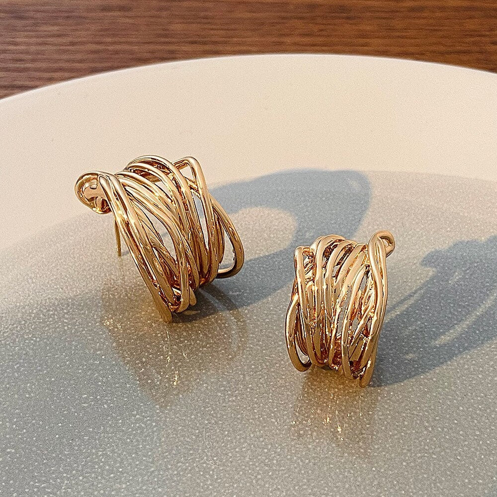 Punk Multi Layer Hoop Earrings, Boho Gold Organic Hoop Earrings, 18K Gold Hoops, Gothic Dainty Minimalist Multi Line for Women, Gift for Her