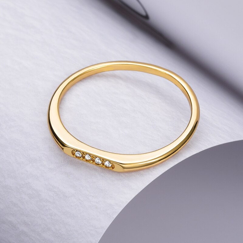 Dainty Thin Engagement Band, Gold Cubic Zirconia Ring, 18K Gold Engagement Ring, Boho Minimalist Ring for Women, Gift for Her