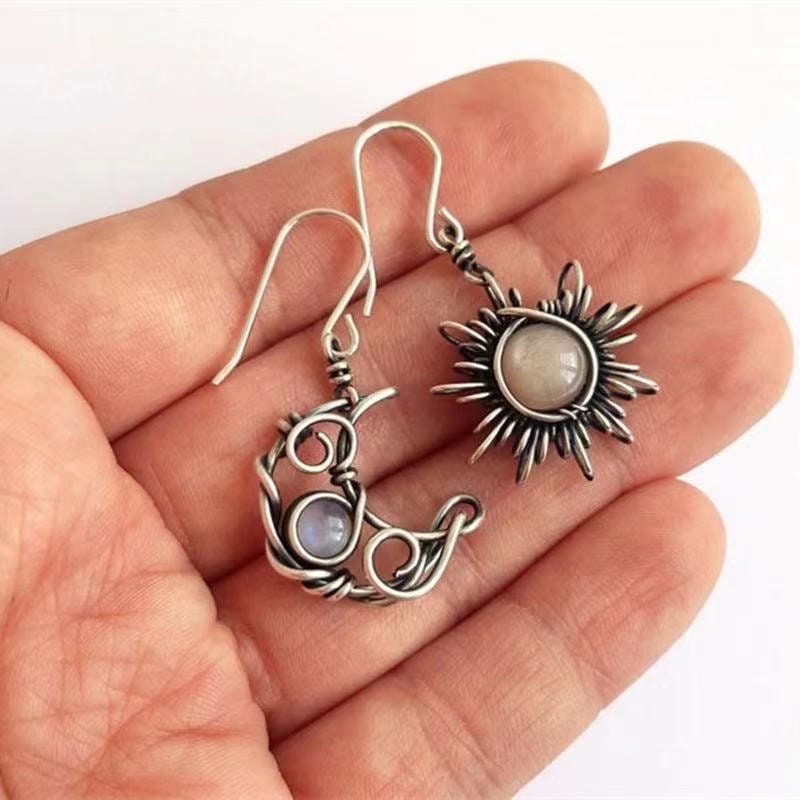 Boho Moon and Sun Drop Earrings, Punk Stainless Steel Celestial Moon Sun Dangle Earrings, Gothic Moonstone Drop Earrings, Dainty for Women