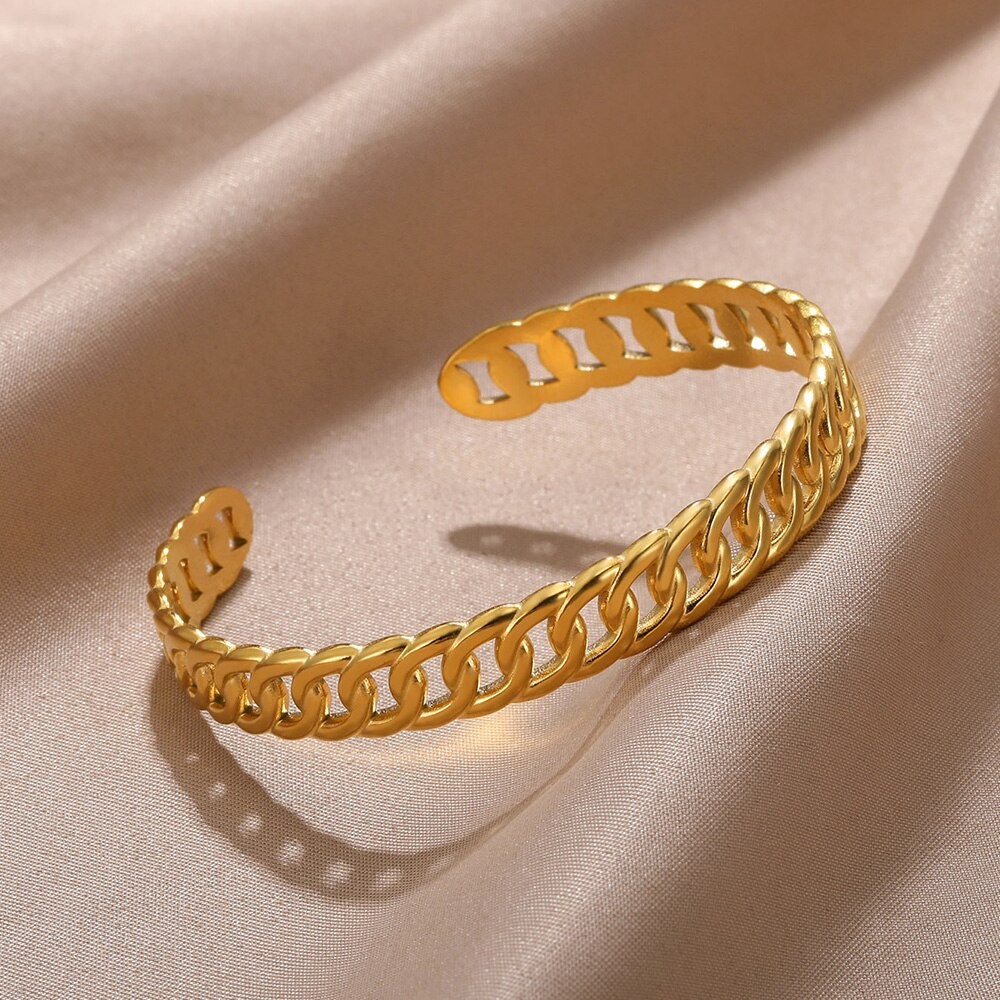 Punk Cuban Link Bracelet, 18K Gold Cuban Chain Bangle, Boho Dainty Minimalist Miami Style Bangle for Women, Gift for Her