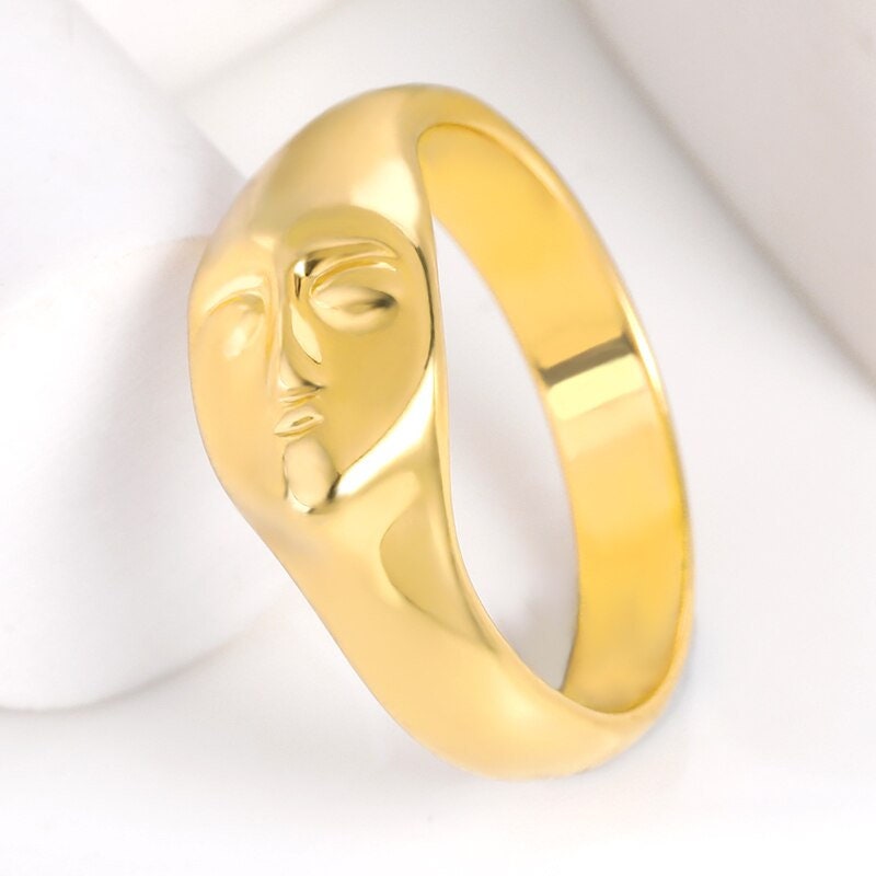Boho Gold Face Ring, Punk 18K Gold Abstract Face Ring, Dainty Minimalist Gothic Abstract Artsy Artist Ring for Women, Gift for Her