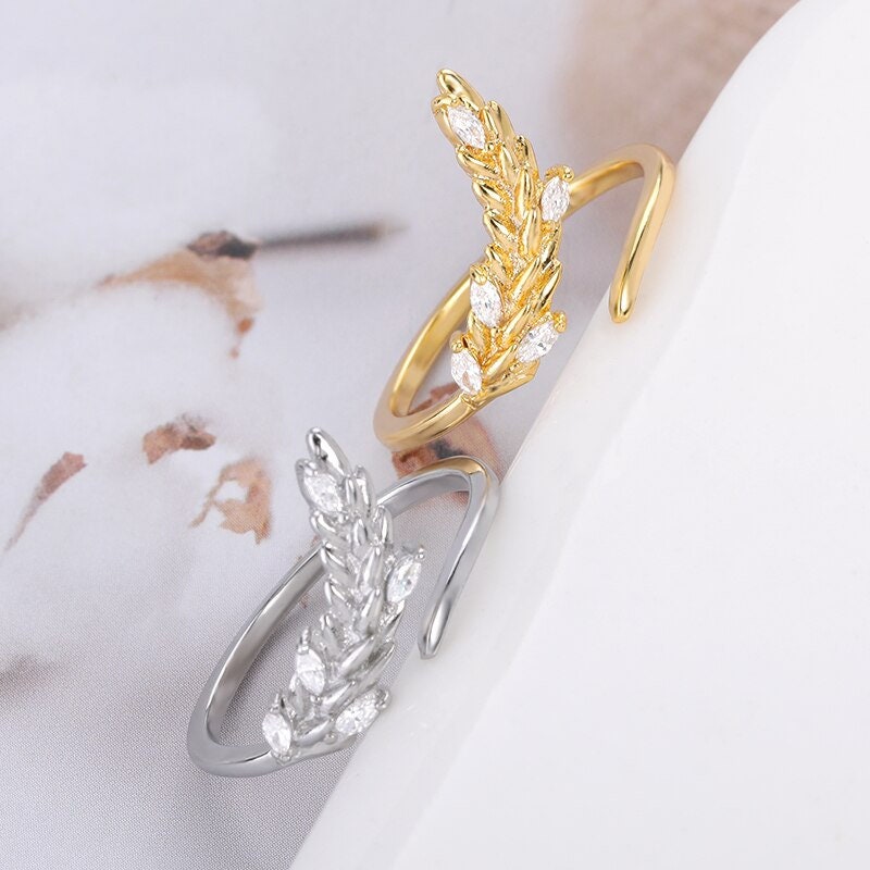 Boho Gold Wheat Ring, 18K Gold Cubic Zirconia Wheat Leaves Ring, Dainty Minimalist Punk Ring for Women, Gift for Her