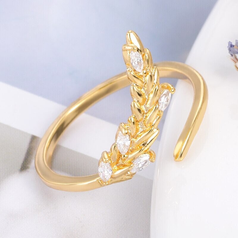 Boho Gold Wheat Ring, 18K Gold Cubic Zirconia Wheat Leaves Ring, Dainty Minimalist Punk Ring for Women, Gift for Her