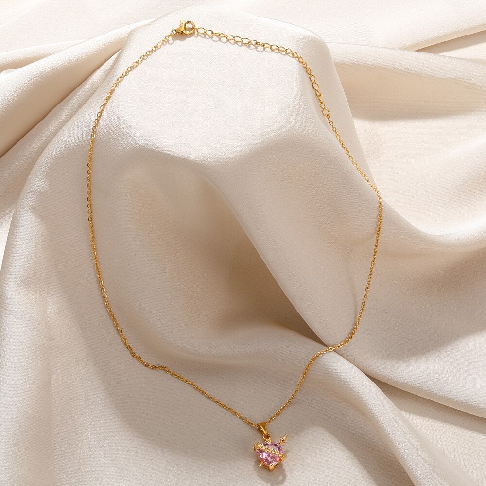 Boho 18K Gold Heart Sword Pendant, Crystal Cubic Zirconia Heart Charm Necklace, Punk Dainty Minimalist Heart Sword for Women, Gift for Her