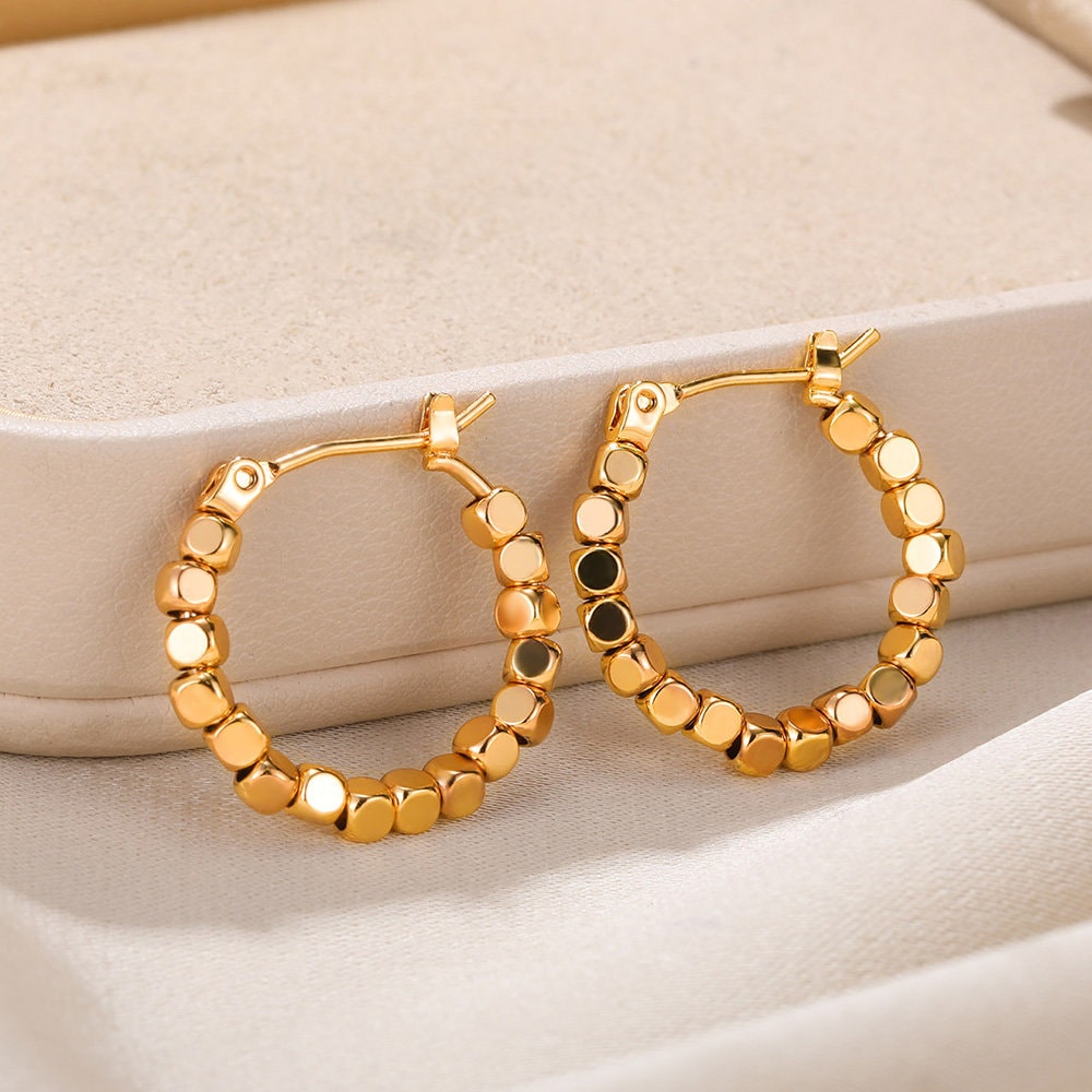 Boho Gold Bead Hoop Earrings, 18K Gold Dainty Beads Hoops Earrings, Punk Minimalist Hoops for Women, Gift for Her