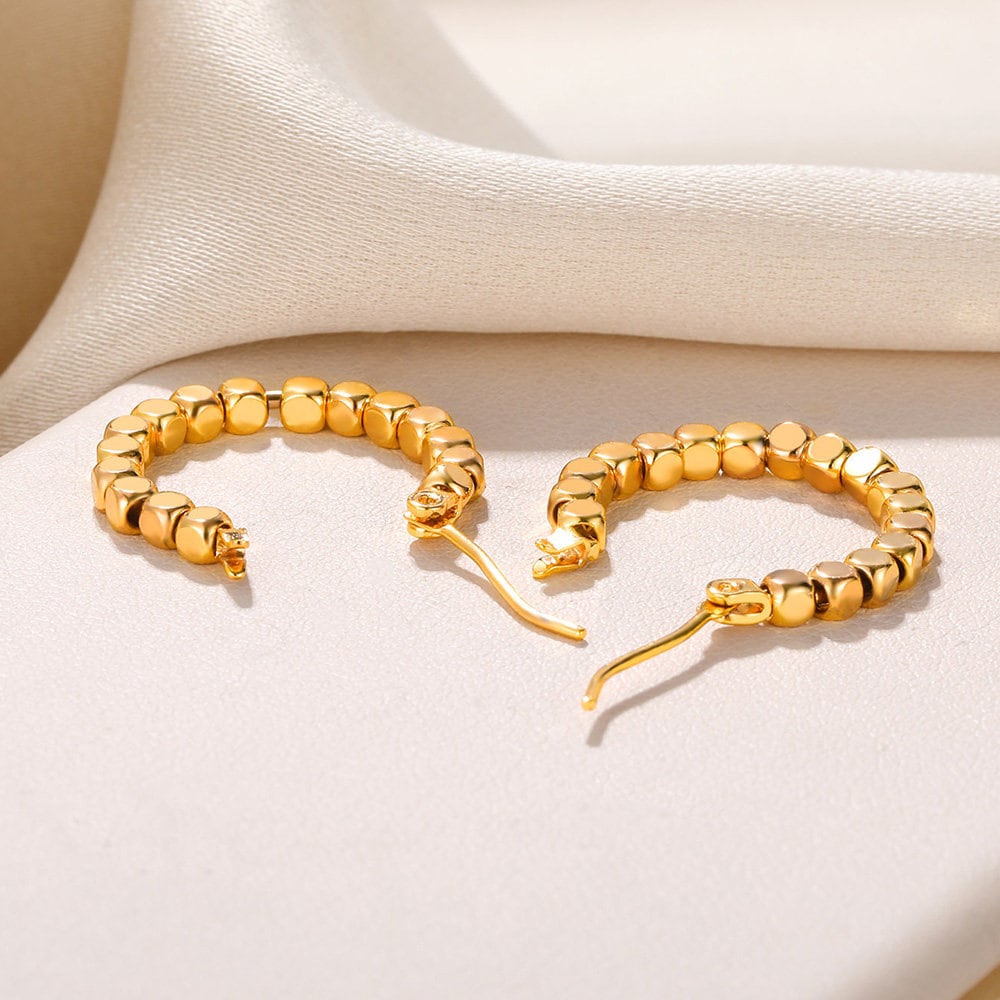 Boho Gold Bead Hoop Earrings, 18K Gold Dainty Beads Hoops Earrings, Punk Minimalist Hoops for Women, Gift for Her
