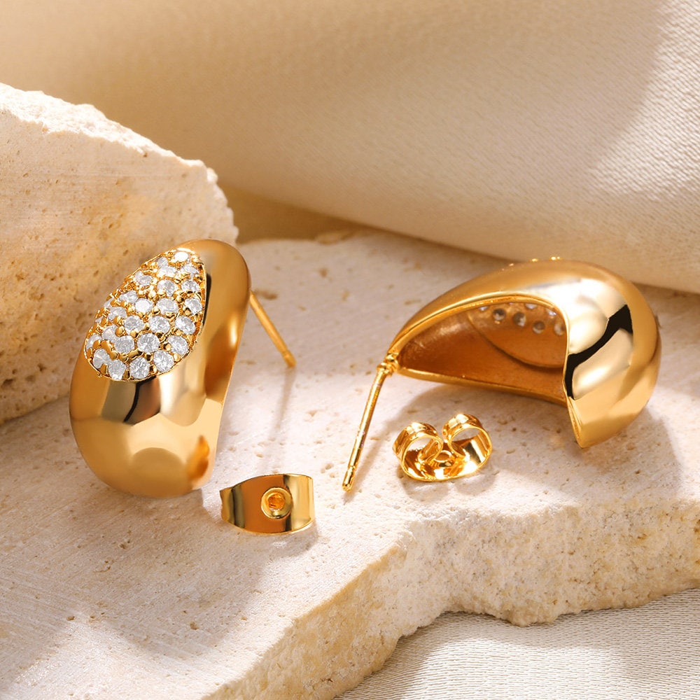Boho Gold Thick Hoop Earrings, 18K Gold Cubic Zirconia Hoop Earrings, Crystal Gold Thick Hoop Earrings, Punk Dainty Minimalist for Women
