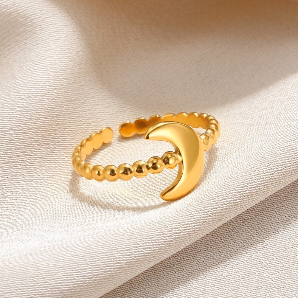 Punk Gold Moon Ring, 18K Gold Boho Moon Ring, Gothic Dainty Minimalist Adjustable Bead Ring for Women, Gift for Her